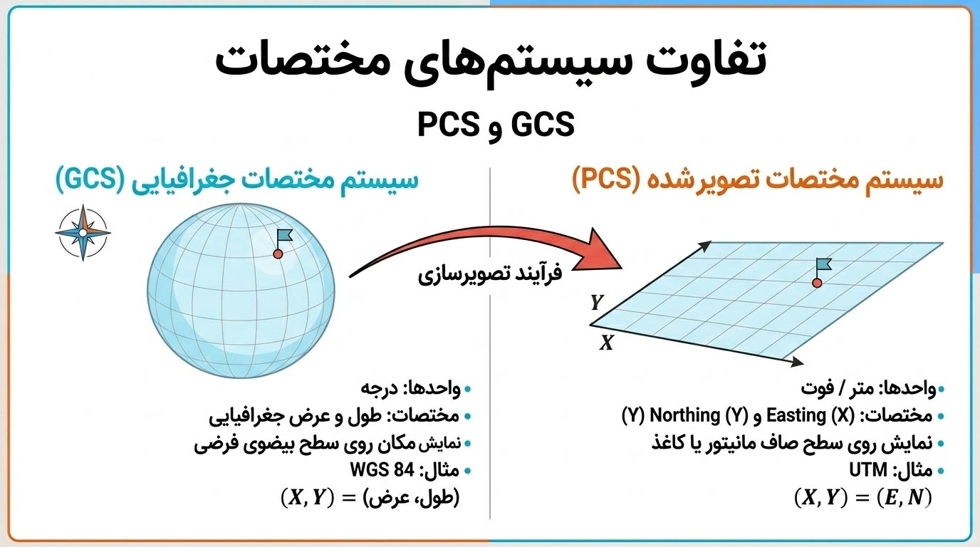 آشنایی با دو نوع سیستم مختصات (جغرافیایی و تصویر شده) 1 pcs gcs1